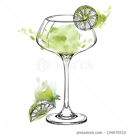 Lime tequila Margarita served in coupe glass, fresh citrus garnish on rim. Isolated mixed watercolor and ink hand drawn artwork. Ideal for mixology posters, digital menus, drink-themed wrapping paper. 134670510