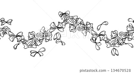 Ribbon bows with single and double loops forming elegant wavy border. Seamless banner isolated illustration. Vector hand drawn in ink. Ideal for luxury branding, invitations, boutique signage. Ribbon bows with single and double loops forming elegant wavy border. Seamless banner isolated illustration. Vector hand drawn in ink. Ideal for luxury branding, invitations, boutique signage. 134670528