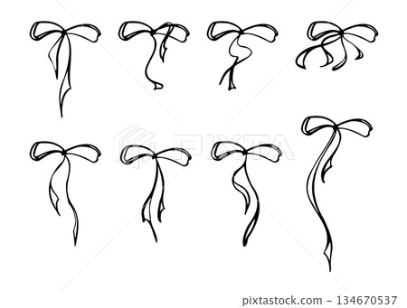 Elegant satin bows tied from thin string ribbon. Vector decorative elements isolated on white, hand drawn in ink. Great for wedding cards, feminine branding, cosmetics packaging, and digital mockups. Elegant satin bows tied from thin string ribbon. Vector decorative elements isolated on white, hand drawn in ink. Great for wedding cards, feminine branding, cosmetics packaging, and digital mockups. 134670537