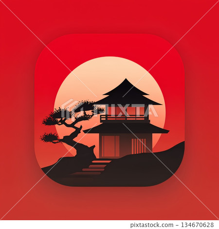 Sunrise and silhouette of pine trees and red-roofed houses 134670628