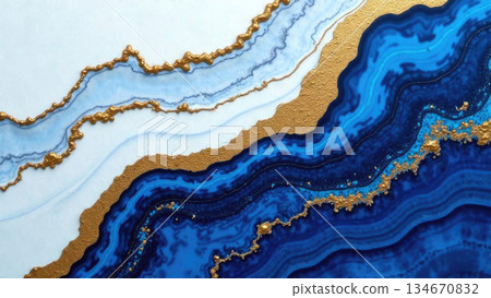 Artistic resin texture with agate pattern in blue and gold tones and smooth lines. Stylization of natural stones with bright color scheme 134670832