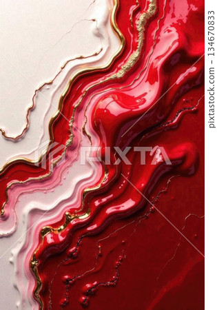 Abstract texture with red-gold epoxy resin streaks and wavy patterns. Glossy surface with vibrant colors for creative design and decor 134670833