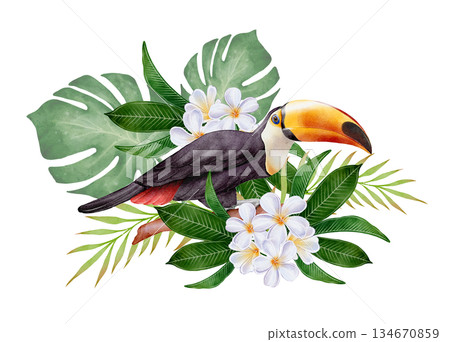 Watercolor Toucan with Tropical Leaves 134670859
