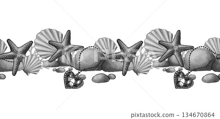 Seamless starfish shell marine border 134670864