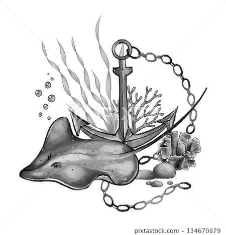 Black and white anchor with ray and corals 134670879