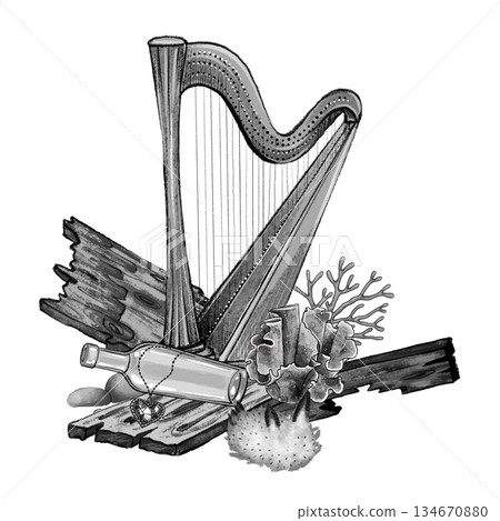 Harp and bottle underwater illustration Harp and bottle underwater illustration 134670880