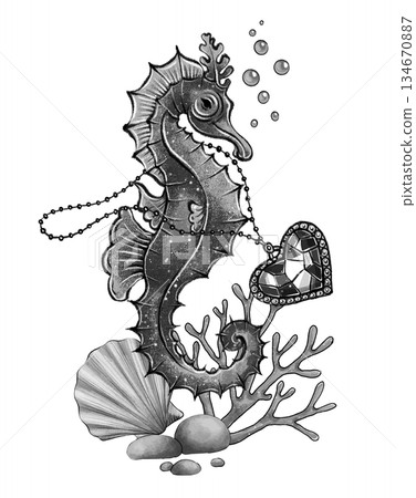 Black and white seahorse heart composition 134670887