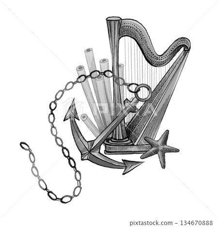 Anchor and harp with starfish composition 134670888