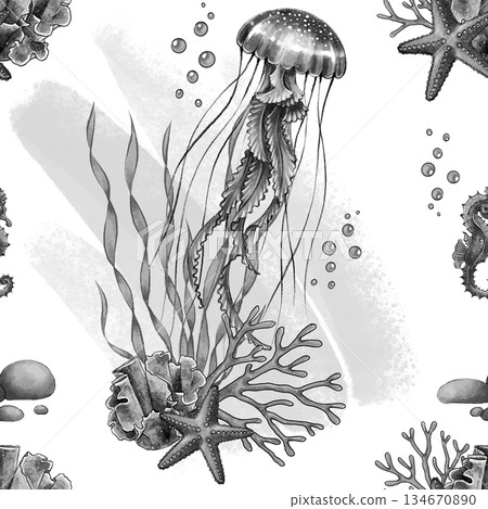 Black and white jellyfish marine pattern 134670890