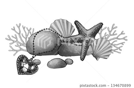 Black and white marine still life with heart 134670899