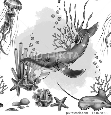 Black and white whale seamless pattern 134670900