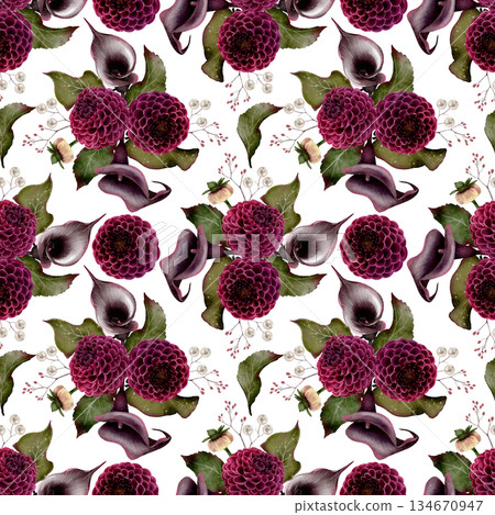 Watercolor dahlias and calla seamless pattern Watercolor dahlias and calla seamless pattern 134670947