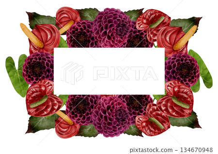 Watercolor dahlia and anthurium frame 134670948