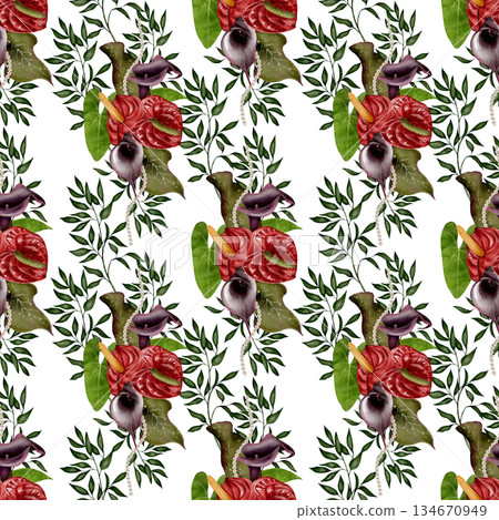 Watercolor anthurium and calla seamless pattern 134670949
