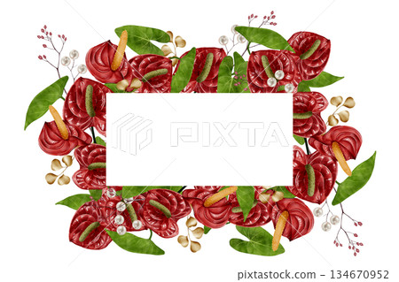 Floral frame with red anthurium watercolor illustration 134670952