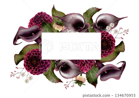Floral frame with dark calla lilies and dahlias illustration 134670955