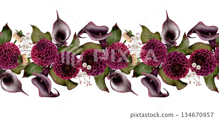 Watercolor dahlia and calla border Watercolor dahlia and calla border 134670957