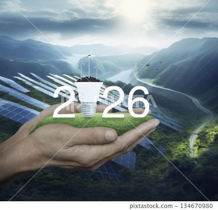 Happy new year 2026 green ecology and saving energy concept, Generative AI 134670980