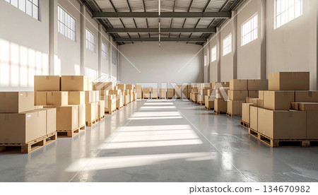 Warehouse Interior With Stacked Cardboard Boxes On Wooden Pallets In Sunlit Space. 134670982