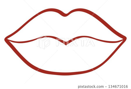 A simple, stylized line art graphic depicting the outline of closed lips in a rich, reddish-brown color against a plain white background A simple, stylized line art graphic depicting the outline of closed lips in a rich, reddish-brown color against a plain white background 134671016