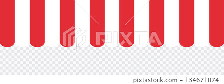 Awning tent canopy striped roof, sunshade. Cafe, shop or restaurant front view curtain. Rain protection awning for franchise stores Awning tent canopy striped roof, sunshade. Cafe, shop or restaurant front view curtain. Rain protection awning for franchise stores 134671074