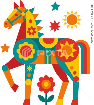 Colorful geometric horse illustration with floral and star patterns 134671101