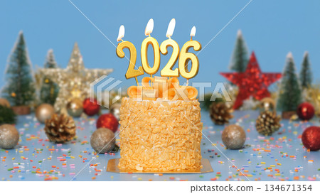 Happy New Year 2026, cute cake with golden ribbon with candle number 2026 for new year celebrate party was lit. decorate with Christmas ornament at blue background, horizontal 134671354