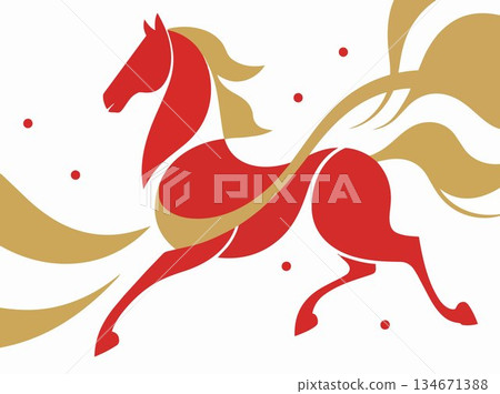 Abstract red and gold horse illustration with flowing mane 134671388
