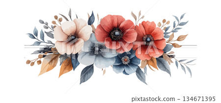 watercolor bouquet of flowers and leaves watercolor bouquet of flowers and leaves 134671395