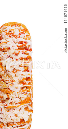 Freshly baked pastry topped with cream and sweet syrup in a bright setting Freshly baked pastry topped with cream and sweet syrup in a bright setting 134671416