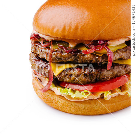Delicious double cheeseburger with fresh toppings and sauces 134671433