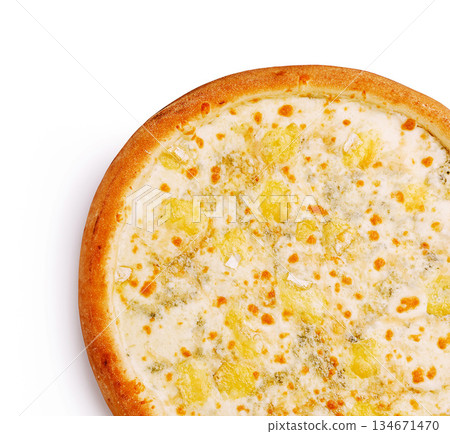 Delicious cheese pizza topped with fresh ingredients sits on a white background Delicious cheese pizza topped with fresh ingredients sits on a white background 134671470