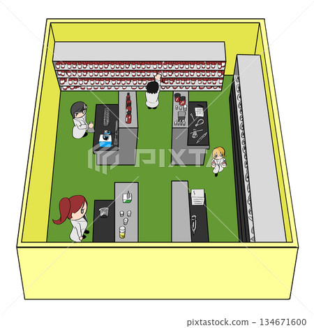 一張簡單的插圖，描繪了人們在實驗室工作，視角是從上方俯瞰的。 134671600