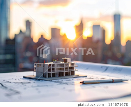 Architectural design concept with a miniature building on blueprint 134671678