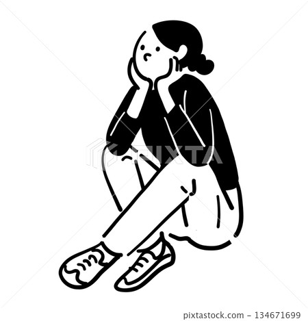 女人坐著抬頭看向上方的線條畫向量圖 134671699