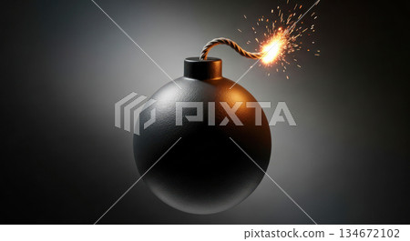 Black bomb with a lit fuse and sparks, suspended in mid-air against a dark background, symbolizing danger and urgency in a dramatic setting 134672102