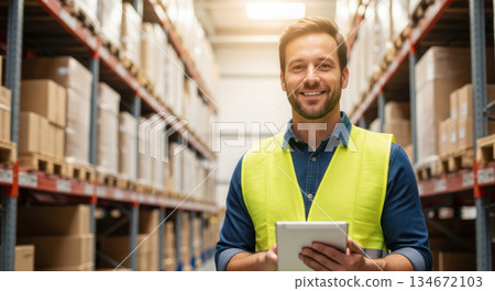 Warehouse worker in safety vest is smiling while holding tablet, surrounded by shelves of boxes, showcasing efficient inventory management process 134672103