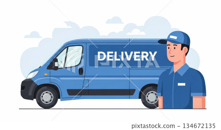 Delivery service illustration featuring a smiling male courier in uniform standing beside a blue delivery van with clouds in the background 134672135