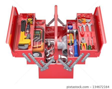 Full red expendable cantilever tool box with tools - 3d illustration Full red expendable cantilever tool box with tools - 3d illustration 134672164