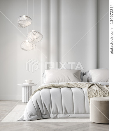 Bedroom in light white tone Cloud dancer color trend 2026 year panton furniture and background. Modern luxury room interior home design. 3d render 134672254
