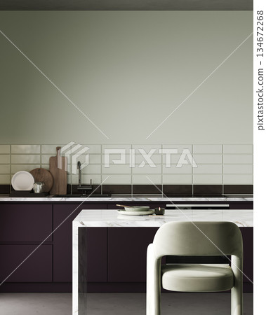 Colorful kitchen interior with cooking area, sink and marble countertop, 3d render Colorful kitchen interior with cooking area, sink and marble countertop, 3d render 134672268