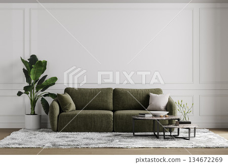 Stylish living room interior with green sofa mock up, modern interior background, empty white wall mockup, 3d illustration Stylish living room interior with green sofa mock up, modern interior background, empty white wall mockup, 3d illustration 134672269