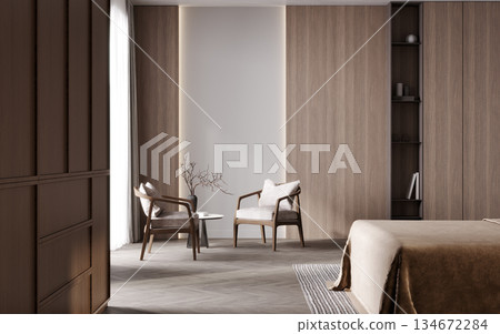 Cozy hotel concept with armchairs and wall panels, 3d rendering 134672284