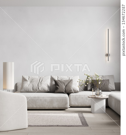 Classic pantone white interior with sofa, coffee tables and wall light. 3d illustration mockup. Classic pantone white interior with sofa, coffee tables and wall light. 3d illustration mockup. 134672287