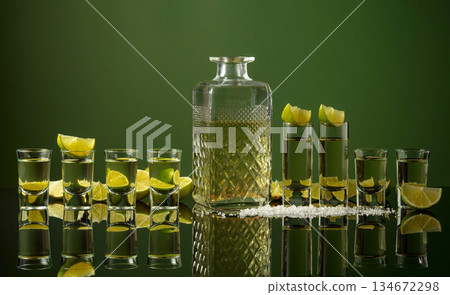 Tequila shots with lime slices and salt on a green background. Tequila shots with lime slices and salt on a green background. 134672298