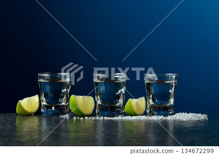 Mexican Tequila with lime and salt on a stone table. Mexican Tequila with lime and salt on a stone table. 134672299