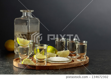 Gold tequila with salt and lime slices. 134672302