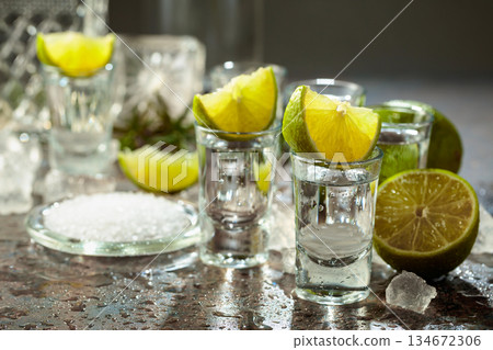 Tequila with lime, sea salt, and crushed ice. Tequila with lime, sea salt, and crushed ice. 134672306