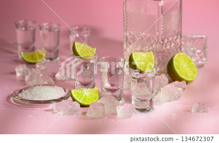 Tequila with lime, sea salt, and crushed ice on a pink background. Tequila with lime, sea salt, and crushed ice on a pink background. 134672307