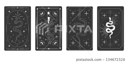 Tarot card frame spiritual esoteric reverse border magic sacred cover card. Mystic elements moon, sun, magic moth, snake fantasy sign. 134672328